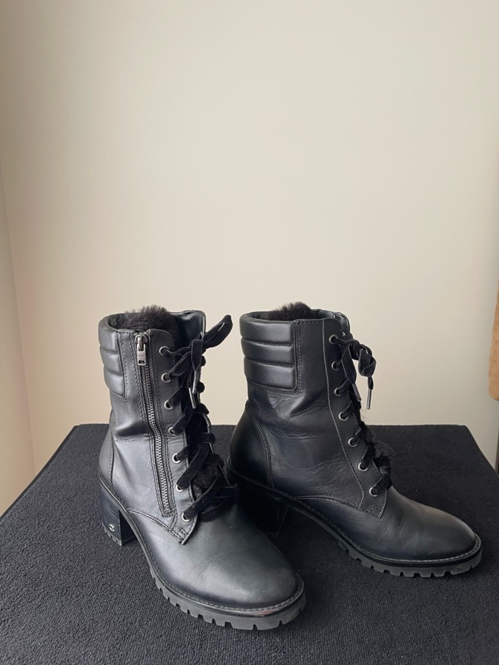 Coach Black Leather Quilted & Fur Combat Boot With Side Zipper & Velvet Laces.